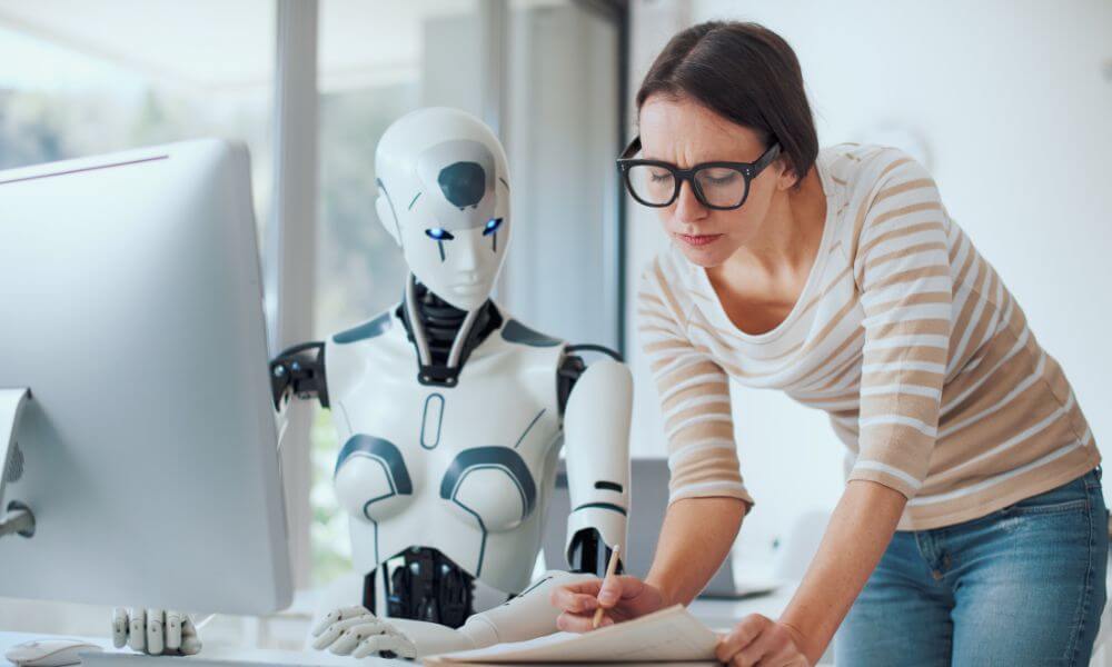 szövegírás A.I.-jal robot segít a nőnek szöveget írni